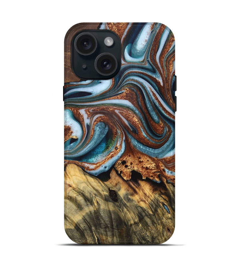 iPhone 15 Wood Live Edge Phone Case - Gerardo (Teal & Gold, 759323)