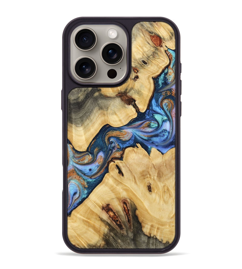 iPhone 16 Pro Max Wood Phone Case - Otho (Teal & Gold, 765039)