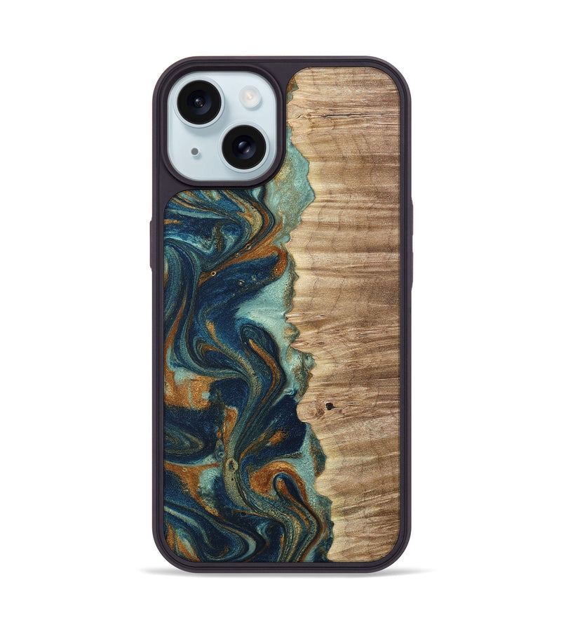 iPhone 15 Wood Phone Case - Keaton (Teal & Gold, 769169)