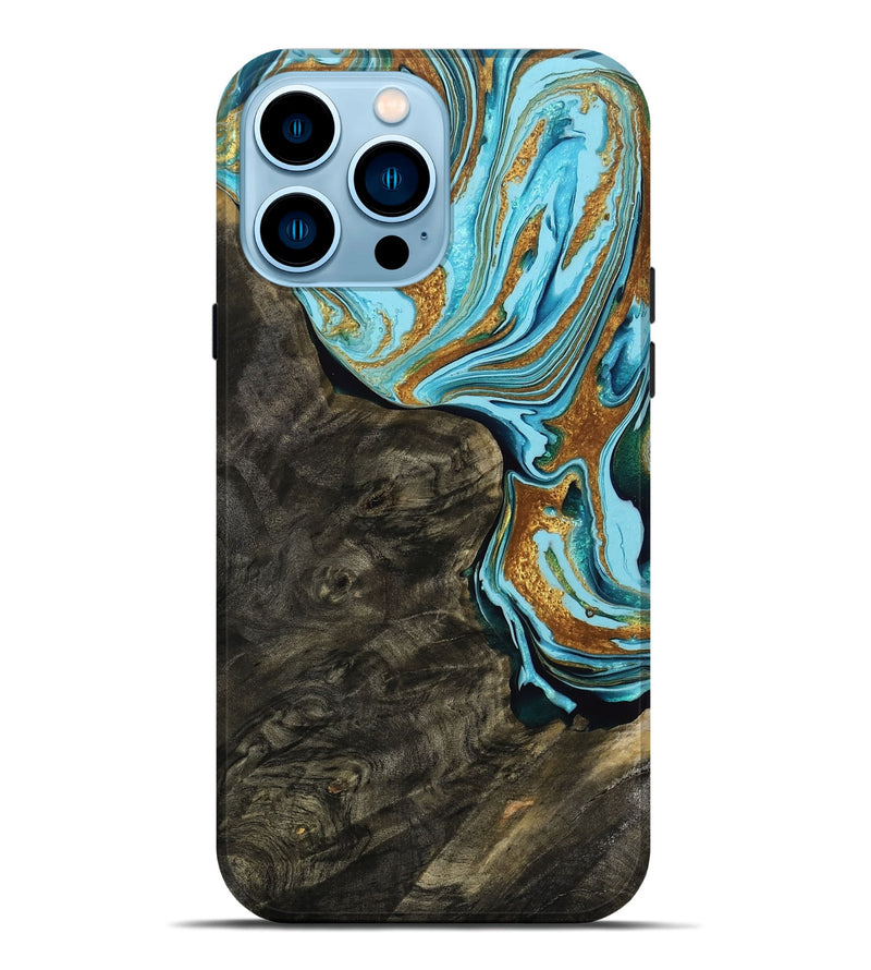iPhone 14 Pro Max Wood Live Edge Phone Case - Almon (Teal & Gold, 769608)