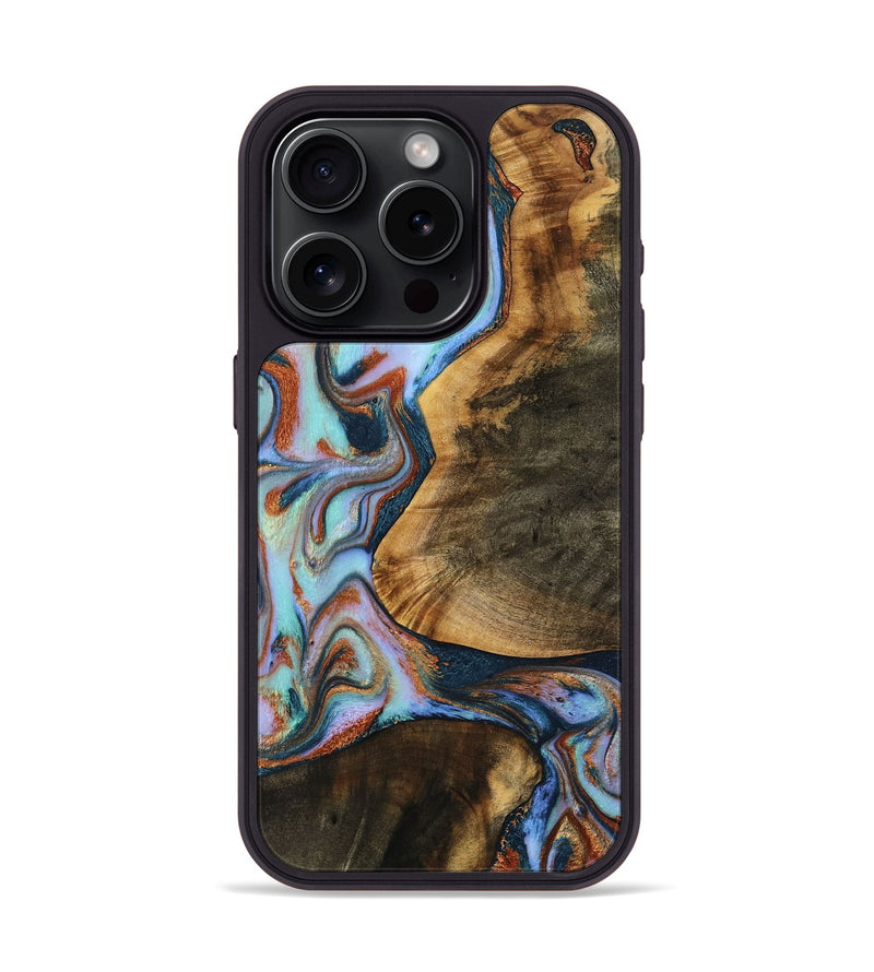 iPhone 15 Pro Wood Phone Case - Darci (Teal & Gold, 770692)