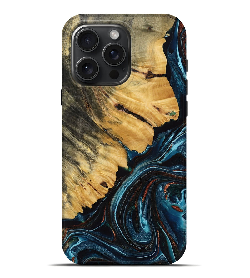 iPhone 16 Pro Max Wood Live Edge Phone Case - Ryatt (Teal & Gold, 770762)