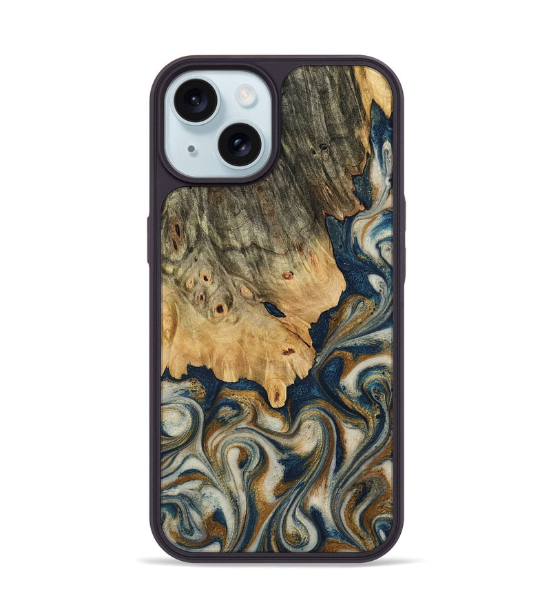 iPhone 15 Wood Phone Case - Candy (Teal & Gold, 770817)
