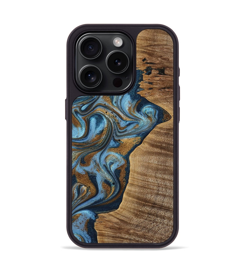 iPhone 15 Pro Wood Phone Case - Kattie (Teal & Gold, 771499)