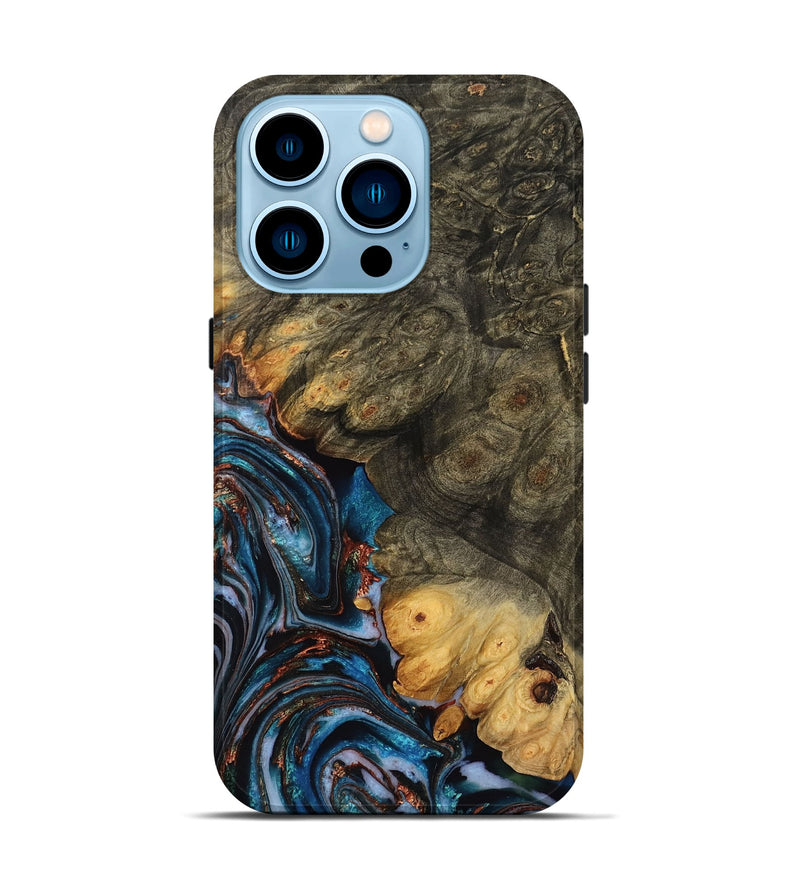 iPhone 14 Pro Wood Live Edge Phone Case - Kaleigh (Teal & Gold, 771739)