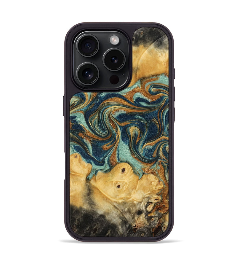 iPhone 16 Pro Wood Phone Case - Solana (Teal & Gold, 775168)